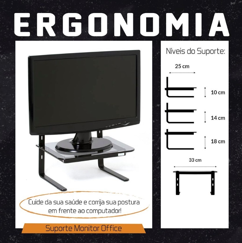 Suporte Monitor Office - Preto / Vidro Incolor (Regulável) - Casa da  Ergonomia