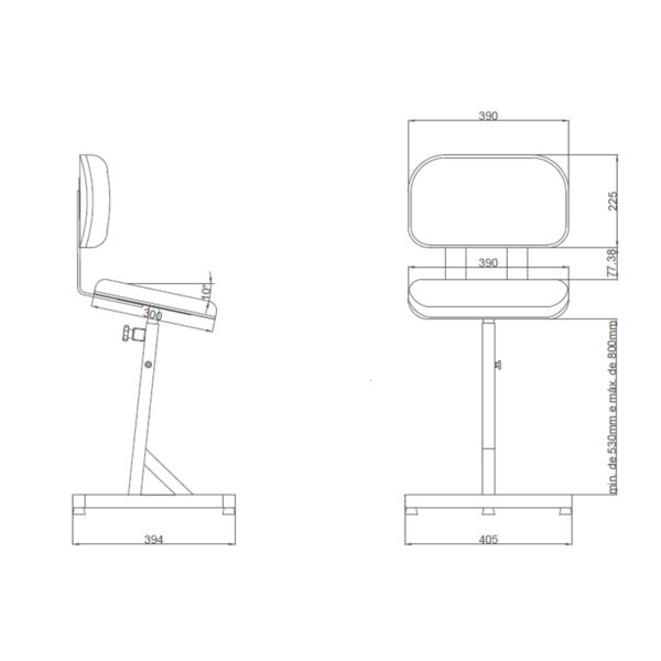 Desenho tecnico banco ergonomico semi-sentado essential com encosto